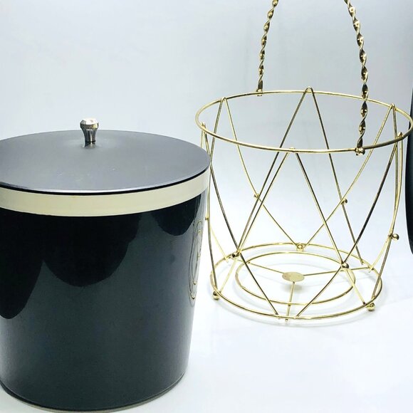 Vintage 60s THERMOS Drum Ice Bucket: Black Insulated Container - Gold Tone Caddy - Picture 2 of 16